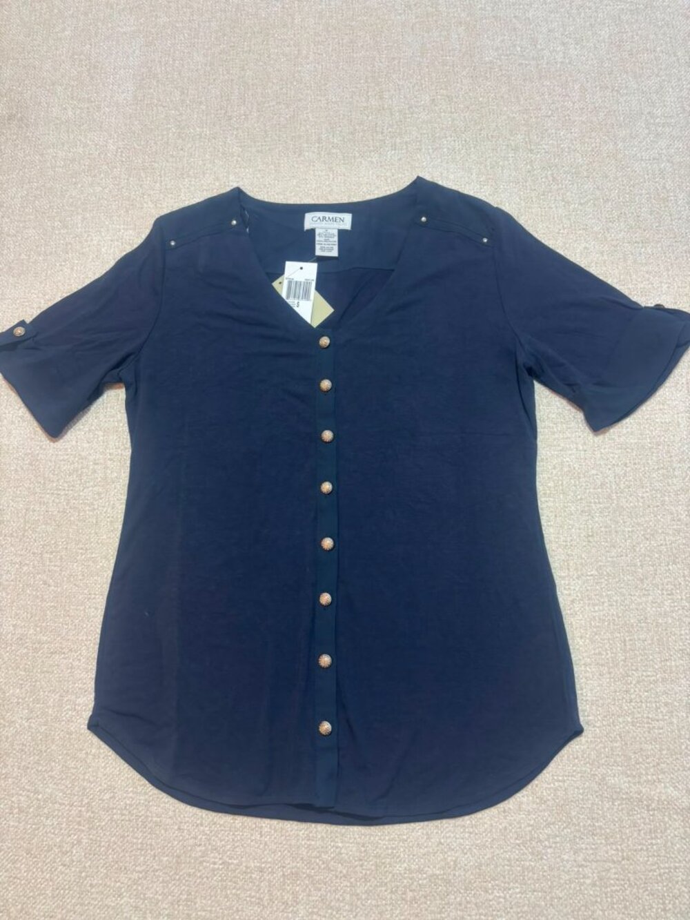 NWT Carmen Marc Valvo Navy V-Neck Button Blouse Size S